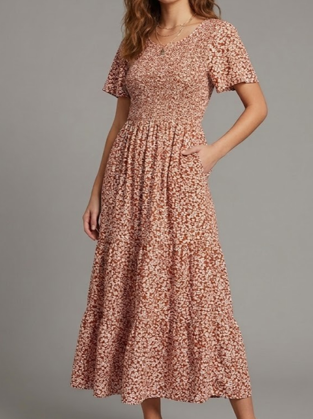 Kranda Women Smocked Floral Maxi Dress M Rust Orange White Tiered Flutter Sleeve